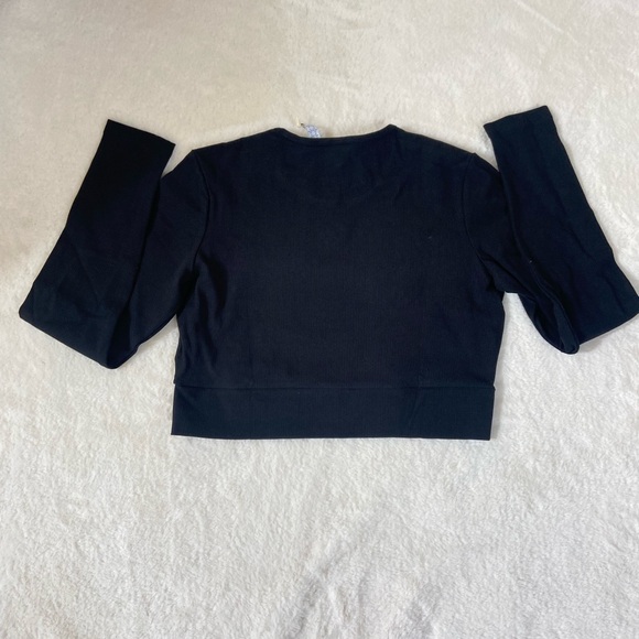 Adidas Originals Womens Size XL Black Ribbed Long Sleeve Crop T Shirt Trefoil - Picture 3 of 3